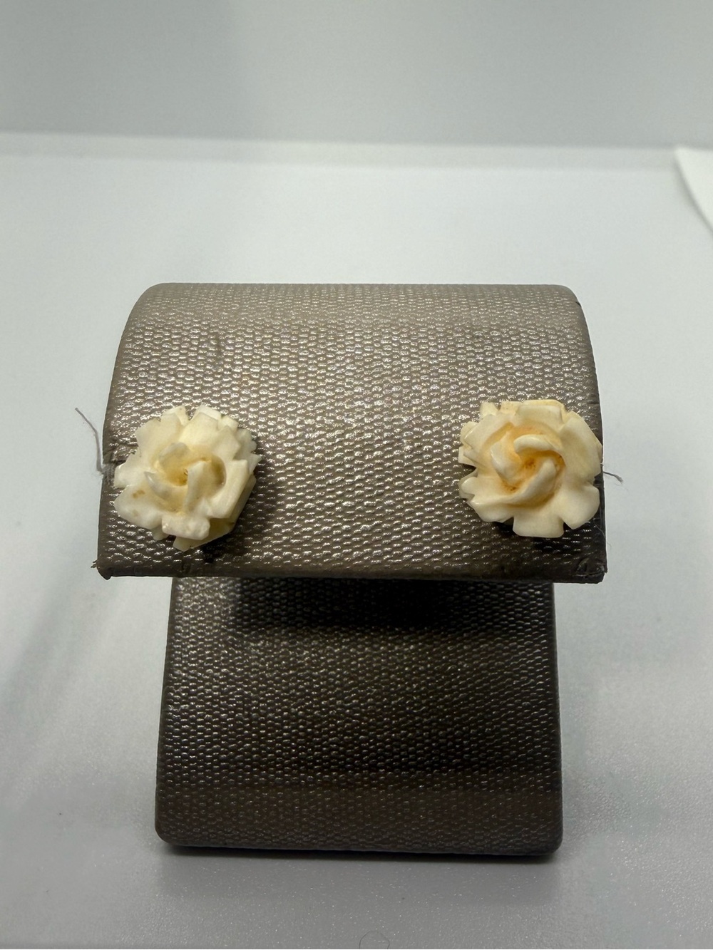 Vintage Carved Bone Rose Stud Earrings Gold Tone Floral Ivory